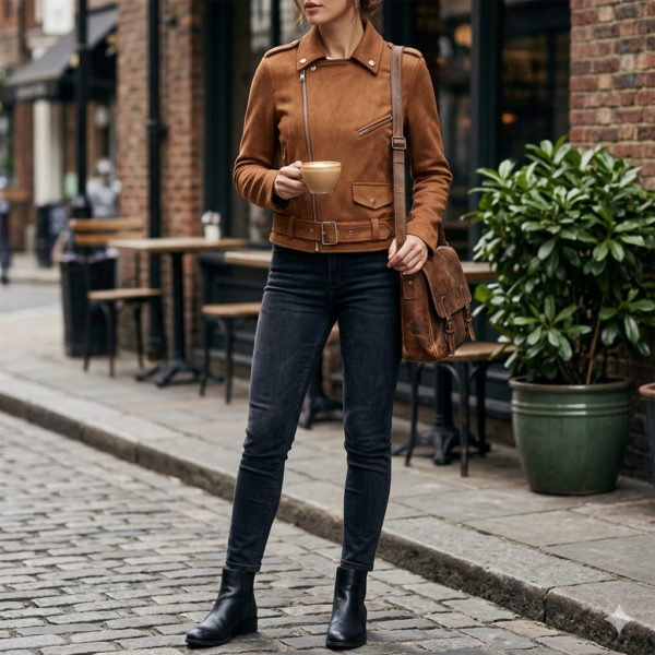 Women's Faux Suede Moto Jacket - Classic Asymmetrical Zip Biker Coat with Belt, Casual Fall/Spring Outerwear - Camel Brown