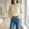 Women's Vintage Floral Chiffon Blouse - Elegant Ruffle V-Neck Tie Front Top with Romantic Puff Sleeves and Pleated Detail