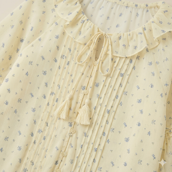 Women's Vintage Floral Chiffon Blouse - Elegant Ruffle V-Neck Tie Front Top with Romantic Puff Sleeves and Pleated Detail