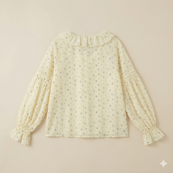 Women's Vintage Floral Chiffon Blouse - Elegant Ruffle V-Neck Tie Front Top with Romantic Puff Sleeves and Pleated Detail