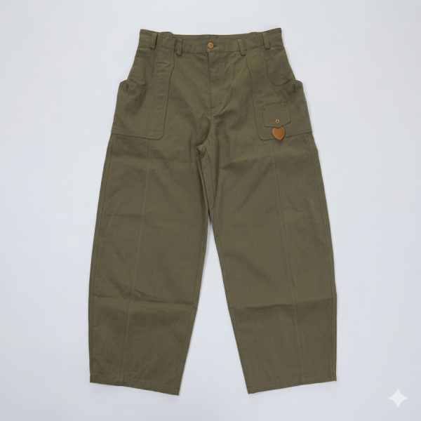 Women's High-Waisted Wide Leg Cargo Pants - Olive Green Utility Cotton Twill Trousers with Unique Heart-Shaped Leather Patch & Oversized Pockets