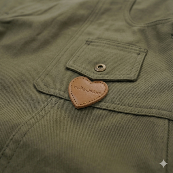 Women's High-Waisted Wide Leg Cargo Pants - Olive Green Utility Cotton Twill Trousers with Unique Heart-Shaped Leather Patch & Oversized Pockets