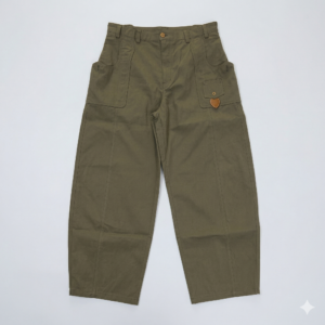 Women's High-Waisted Wide Leg Cargo Pants - Olive Green Utility Cotton Twill Trousers with Unique Heart-Shaped Leather Patch & Oversized Pockets