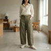 Women's High-Waisted Wide Leg Cargo Pants - Olive Green Utility Cotton Twill Trousers with Unique Heart-Shaped Leather Patch & Oversized Pockets