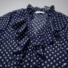 Women's Navy Blue Polka Dot Chiffon Blouse - Elegant Ruffle V-Neck Pleated Front Shirt with Smocked Puff Sleeve Cuffs - Vintage French Style Office Top