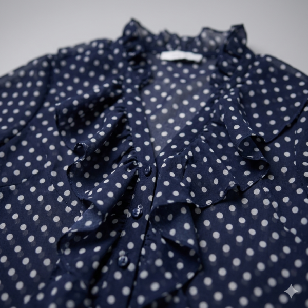 Women's Navy Blue Polka Dot Chiffon Blouse - Elegant Ruffle V-Neck Pleated Front Shirt with Smocked Puff Sleeve Cuffs - Vintage French Style Office Top