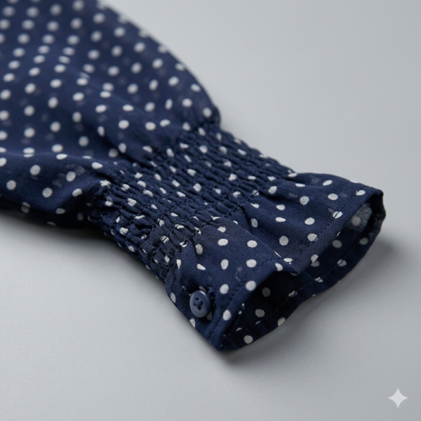 Women's Navy Blue Polka Dot Chiffon Blouse - Elegant Ruffle V-Neck Pleated Front Shirt with Smocked Puff Sleeve Cuffs - Vintage French Style Office Top