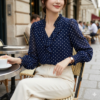 Women's Navy Blue Polka Dot Chiffon Blouse - Elegant Ruffle V-Neck Pleated Front Shirt with Smocked Puff Sleeve Cuffs - Vintage French Style Office Top
