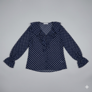 Gemini_Generated_Image_g7zqmeg7zqmeg7zq Women's Navy Blue Polka Dot Chiffon Blouse - Elegant Ruffle V-Neck Pleated Front Shirt with Smocked Puff Sleeve Cuffs - Vintage French Style Office Top