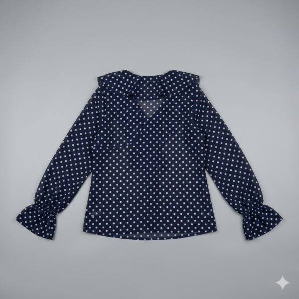 Women's Navy Blue Polka Dot Chiffon Blouse - Elegant Ruffle V-Neck Pleated Front Shirt with Smocked Puff Sleeve Cuffs - Vintage French Style Office Top