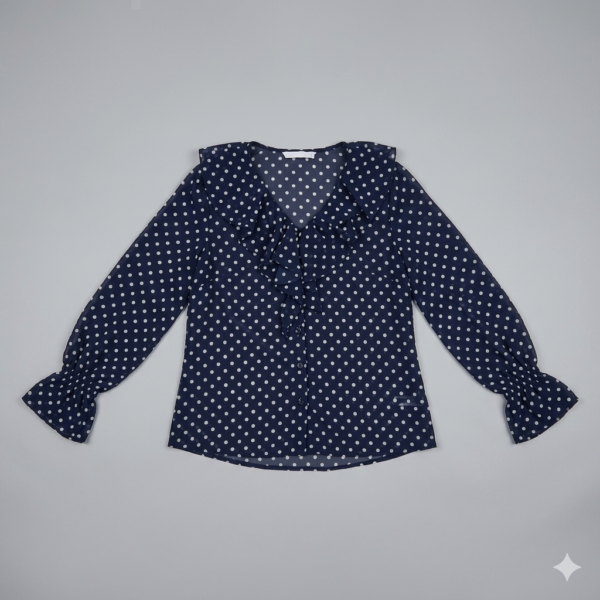 Women's Navy Blue Polka Dot Chiffon Blouse - Elegant Ruffle V-Neck Pleated Front Shirt with Smocked Puff Sleeve Cuffs - Vintage French Style Office Top