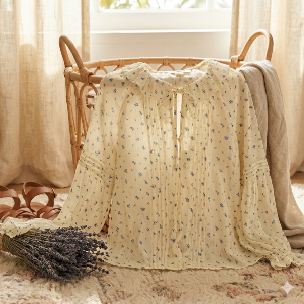 Gemini_Generated_Image_mdf4pwmdf4pwmdf4 (1) Vintage Floral Blouse, Lightweight Pintuck Shirt with Small Blue Print, Romantic Women's Long Sleeve Crewneck Top with Smocked & Ruffled Cuffs for Spring/Summer