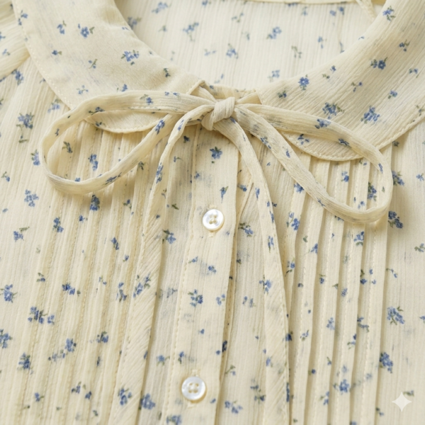 Gemini_Generated_Image_mdf4pwmdf4pwmdf4 (3) Vintage Floral Blouse, Lightweight Pintuck Shirt with Small Blue Print, Romantic Women's Long Sleeve Crewneck Top with Smocked & Ruffled Cuffs for Spring/Summer