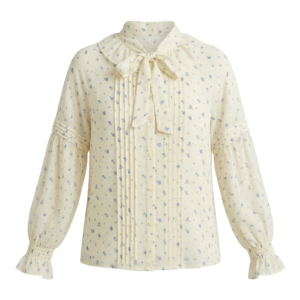 Vintage Floral Blouse, Lightweight Pintuck Shirt with Small Blue Print, Romantic Women's Long Sleeve Crewneck Top with Smocked & Ruffled Cuffs for Spring/Summer