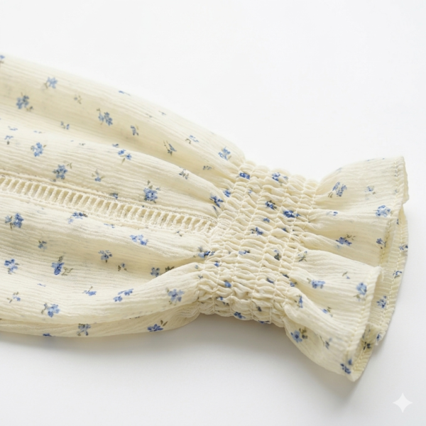 Gemini_Generated_Image_mdf4pwmdf4pwmdf4 (4) Vintage Floral Blouse, Lightweight Pintuck Shirt with Small Blue Print, Romantic Women's Long Sleeve Crewneck Top with Smocked & Ruffled Cuffs for Spring/Summer