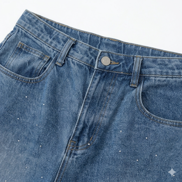 Women's High Waisted Rhinestone Wide Leg Jeans - Vintage Washed Baggy Denim Pants with Sparkling Crystal Embellishments, Fashionable Loose Fit Y2K Streetwear