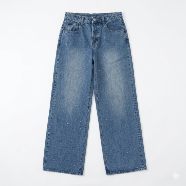 Women's High Waisted Rhinestone Wide Leg Jeans - Vintage Washed Baggy Denim Pants with Sparkling Crystal Embellishments, Fashionable Loose Fit Y2K Streetwear