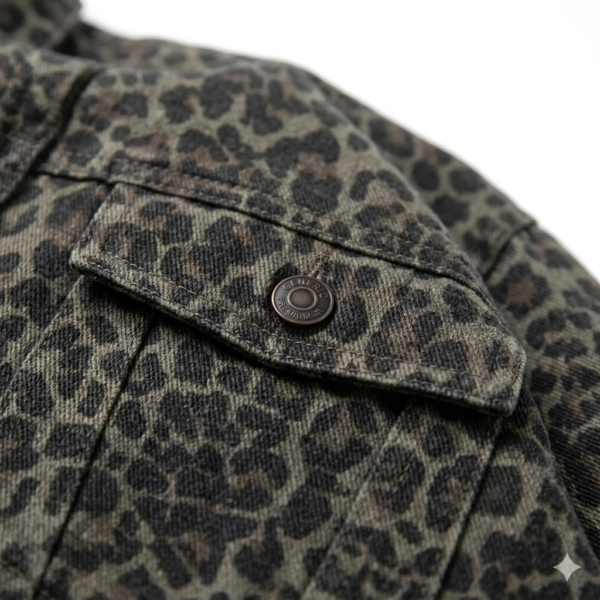 Women's Leopard Print Denim Trucker Jacket - Vintage Washed Dark Grey Cheetah Print Jean Coat with Warm Fleece Lining