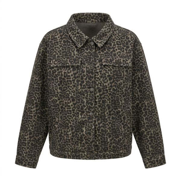 Women's Leopard Print Denim Trucker Jacket - Vintage Washed Dark Grey Cheetah Print Jean Coat with Warm Fleece Lining