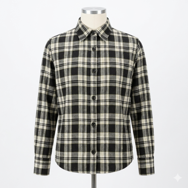 Women's Classic Black and Cream Plaid Flannel Long Sleeve Button-Down Shirt, Regular Fit Cotton Tartan Casual Top