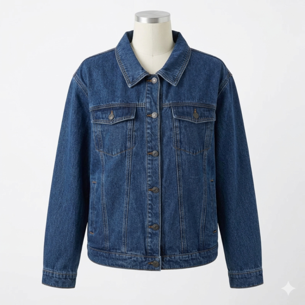 Women's Classic Trucker Denim Jacket, Dark Wash Pre-washed Blue Long Sleeve Jean Jacket, Premium Cotton Denim with Twin Chest Pockets and Adjustable Hem