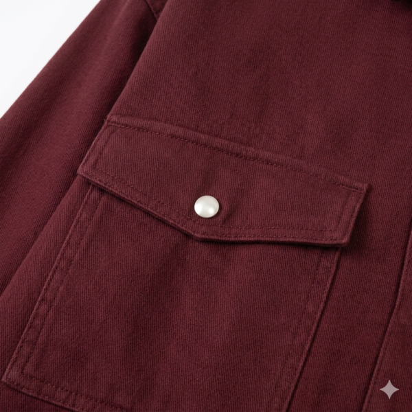 Women's Oversized Burgundy Cotton-Blend Shacket Jacket with Corduroy Collar, Pearl Buttons, and Twin Pockets, Long Sleeve Shirt Coat