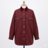 Women's Oversized Burgundy Cotton-Blend Shacket Jacket with Corduroy Collar, Pearl Buttons, and Twin Pockets, Long Sleeve Shirt Coat