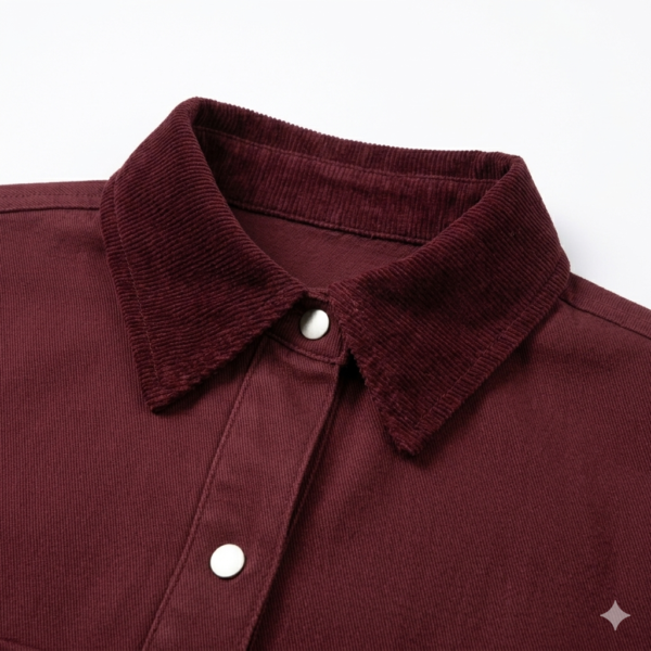 Women's Oversized Burgundy Cotton-Blend Shacket Jacket with Corduroy Collar, Pearl Buttons, and Twin Pockets, Long Sleeve Shirt Coat