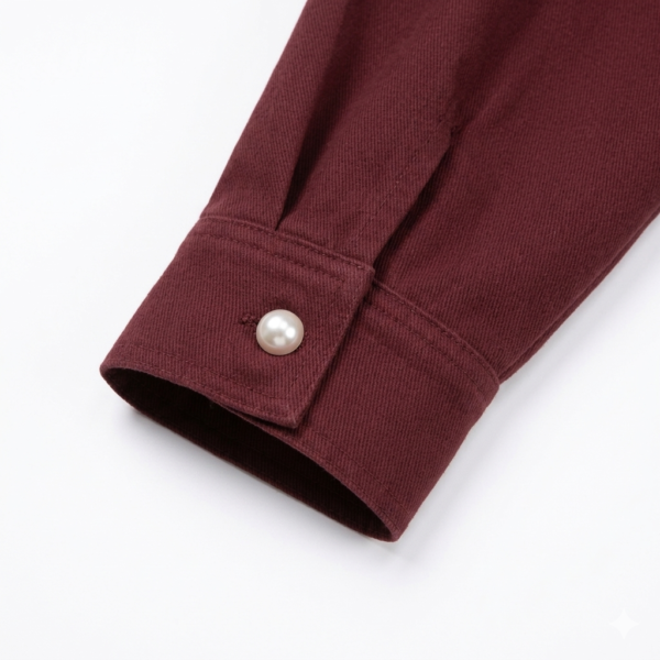 Women's Oversized Burgundy Cotton-Blend Shacket Jacket with Corduroy Collar, Pearl Buttons, and Twin Pockets, Long Sleeve Shirt Coat