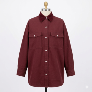 Gemini_Generated_Image_rc0u2nrc0u2nrc0u Women's Oversized Burgundy Cotton-Blend Shacket Jacket with Corduroy Collar, Pearl Buttons, and Twin Pockets, Long Sleeve Shirt Coat