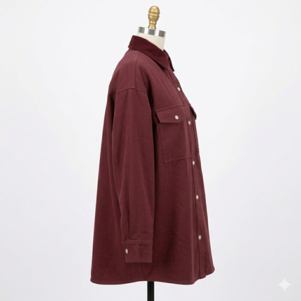 Women's Oversized Burgundy Cotton-Blend Shacket Jacket with Corduroy Collar, Pearl Buttons, and Twin Pockets, Long Sleeve Shirt Coat