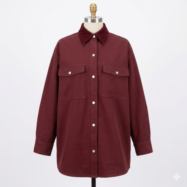 Women's Oversized Burgundy Cotton-Blend Shacket Jacket with Corduroy Collar, Pearl Buttons, and Twin Pockets, Long Sleeve Shirt Coat