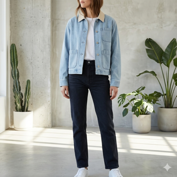 Gemini_Generated_Image_xk6qfyxk6qfyxk6q (4) Women's Oversized Light Wash Denim Shacket Jacket with Cream Sherpa Collar, Front Button-Down Cropped Jean Coat, Four-Pocket Design